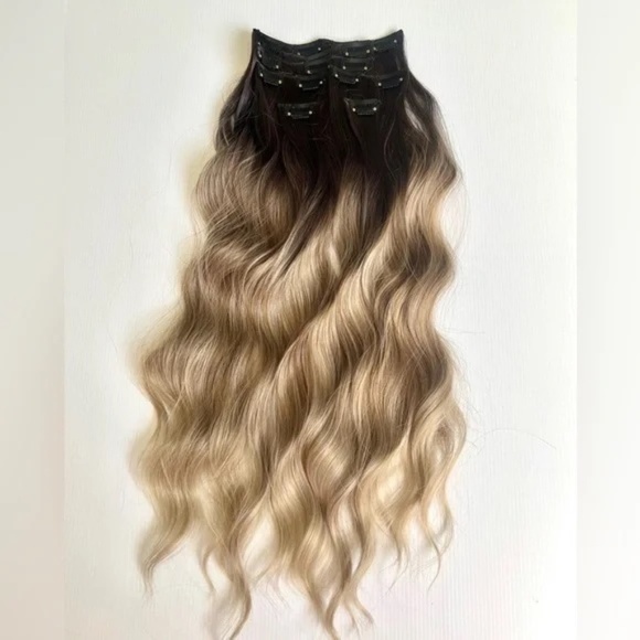 24 Inch dark roots blonde balayage Clip in Hair Extensions in water Wave - Picture 2 of 6